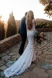 Long Sleeve Lace V Neck Backless Mermaid Boho Wedding Dress,Beach Wedding Gown OKH77