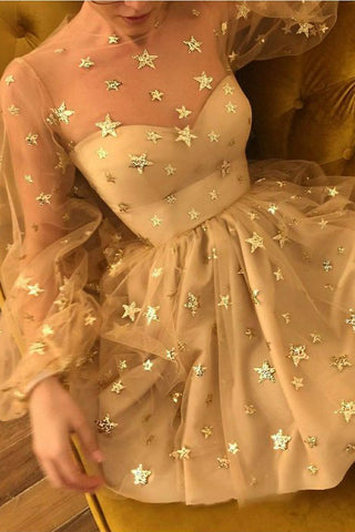 Sparkly Long Sleeve Short Unique Sheer Neck Stars Mini Homecoming Dress OKD50