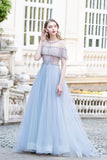 Light Blue Tulle Long Prom Dress Beaded Aline Formal Gowns OKW68