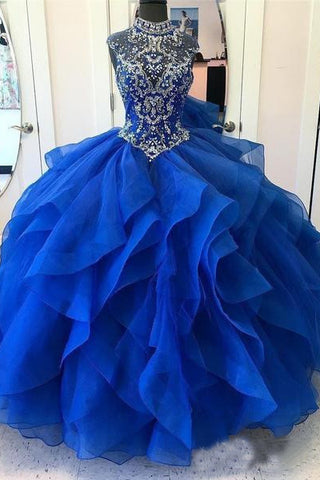 Royal Blue Organza High Neck Quinceanera Dress Burgundy Beading Prom Dresses OKI22