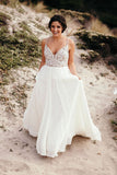 Spaghetti Strap Beaded Ivory Chiffon V Neck Long Cheap Wedding Dress OKH70