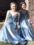 A-Line Spaghetti Straps Backless Blue Popular Prom Dresses with Beading,Bridesmaid Dresses OKH53