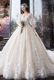 Charming Half Sleeves Ball Gown Wedding Dress, Appliques V Neck Bridal Dress OKK2