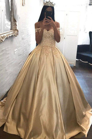 Off the Shoulder Appliques Ball Gowns Cheap Prom Dresses OKH95