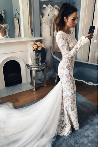 Mermaid Crew Long Sleeves Illusion Back Lace Wedding Dresses OKL15