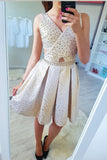 A-Line V-Neck Mini Cheap Homecoming Dresses with Beading,Sweet 16 Dresses OKB83