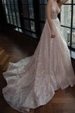 Modest A-line Silver Tulle V-Neck Rhinestone Prom Evening Dresses Party Dress OK580