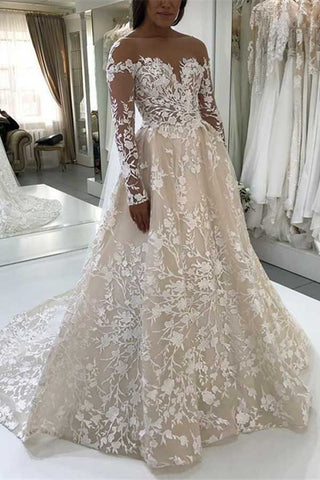 Elegant A-Line Illusion Beteau Long Sleeves Ivory Lace Wedding Dresses OKB60