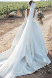 Gorgeous Satin Backless Wedding Dress 3/4 Sleeve Cathedral Train Bridal Dress OKW43