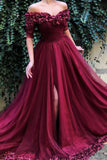 Burgundy Off the Shoulder Maroon A Line Long Tulle Prom Dress New OKG91