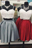 Sexy Two Piece Gray Burgundy Short Homecoming Dress With Lace Top OKO77