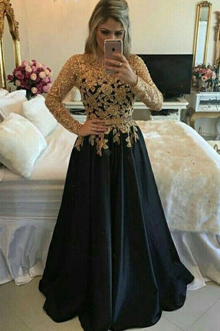 Modest Black And Gold Long A-line Long Sleeves Lace Prom Gowns,Evening Dress OKF14