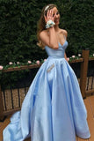 Sky Blue Cross Back Prom Dress Long Elegant V-neck Evening Dress OKW32