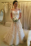 Gorgeous Tulle Wedding Dress Lace Applique A-line Bridal Dress Short Sleeve OKW27