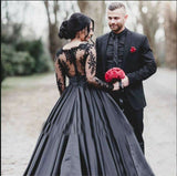 Black Gothic A-line Lace Appliqued Long Sleeves Prom Dress OKW61