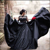 Black Gothic A-line Lace Appliqued Long Sleeves Prom Dress OKW61