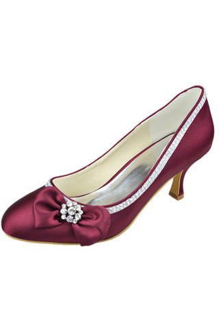 Burgundy Low Heel Beaded Handmade Close Toe Prom Shoes With Bow S105