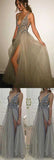 Backless Rhinestone tulle Deep V-neck Sexy prom dresses online, Long Split Prom Dress OK157