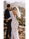 See Through Lace Long Sleeve Backless Mermaid Wedding Dresses OKF82