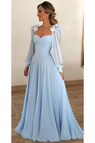 Light Blue A Line Long Chiffon Prom Dress with Sleeves Modest Forma Evening Dress OKH42