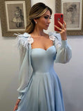 Light Blue A Line Long Chiffon Prom Dress with Sleeves Modest Forma Evening Dress OKH42