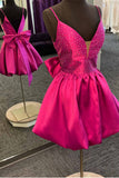 Cute Magenta Beaded V-Neck Bow Back A Line Short Homecoming Dresses OK1453