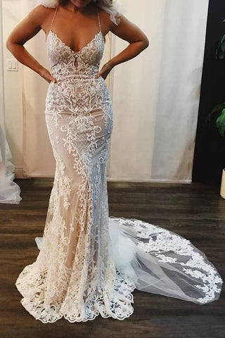 Spaghetti Strap Mermaid Wedding Dress Lace Appliques Long Bridal Dress OKP77