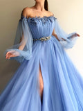 Elegant Blue Long Sleeves Off-the-Shoulder Beaded Crystal Side Slit Prom Dresses OKC78