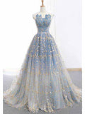 Blue and Gold Lace Ball Gown Prom Dress, Sweet 16 Princess Quinceanera Dress OKH63