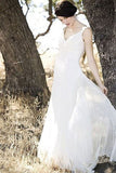 A-line V-neck Ivory Chiffon Floor Length Sleevesless Simple Beach Wedding Dress OK223