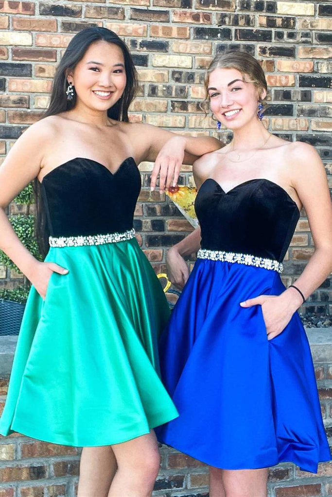 Sweet Strapless Beading Belt A-Line Short Homecoming Party Dresses with Pockets OK1575
