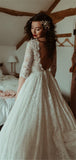 A-Line Beteau Neck Half Sleeves V Backs Full Lace Elangat Wedding Dress OK1073