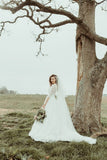 A-Line Beteau Neck Half Sleeves V Backs Full Lace Elangat Wedding Dress OK1073