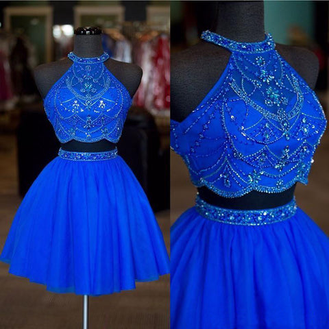 Halter Two Pieces Beaded Royal Blue A-line Tulle Mini Short Homecoming Dresses OKC14