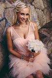 Knee Length Blush Colored Layered Tulle Short Ruffles Wedding Dress OK557