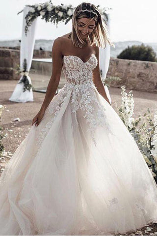 A Line Sweetheart Long Cheap Tulle Wedding Dress with Lace Appliques OKM81