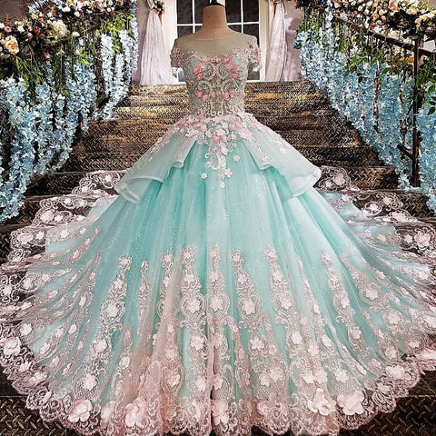 Princess Ball Gown Flower Appliques Prom Dresses,Quinceanera Dresses OKE65
