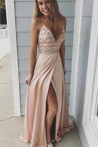 Great Spaghetti Straps Beading Long A-Line Side Slit Prom Dress OKE40