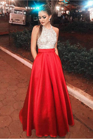 Pretty Open Back Long Beading Satin Red Halter Prom Dress OKH20