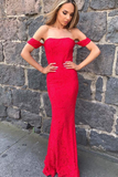 Red Prom Dress,Mermaid Prom Dresses,Sexy Prom Dress,Long Prom Dress,Lace Prom Dress,Red Evening Dress,Off the Shoulder Evening Dress