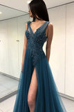 Blue See Through Split Backless Lace Appliques Tulle Long Prom Dresses with Beading OKB27