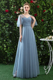 A Line V Neck CHiffon Blue Cheap Prom Dress Long Bridesmaid Dress OKQ81