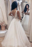 V-neck Appliques Illusion Long Bride Dress A-line Tulle Backless Beach Wedding Gowns OKW11