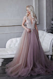 Deep V Neck Long A-line Prom Dress Rhinestones Beaded Tulle V Back Girl Party Gown OKW67