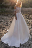 Off-Shoulder Boho Beach Bride Dress A-line Lace Top Princess Wedding Dresses OKV27