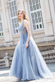 A-line Crystal V Neck Long Prom Dress Tulle Beaded Sleeveless Party Gown OKW60