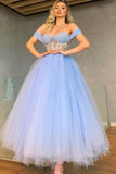 Unique Off-the-Shoulder Sweetheart Cristal A Line Tea Length Tulle Prom Dress OK1955