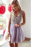 A-Line Homecoming Dresses,V-Neck Homecoming Dresses,Short Prom Dresses,Lilac Homecoming Dresses,Lace Homecoming Dresses