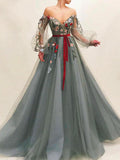 Off The Shoulder Long Sleeves A Line Tulle Long Prom Dress With Flowers OK1080