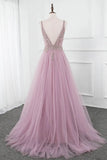 Deep V Neck Long A-line Prom Dress Rhinestones Beaded Tulle V Back Girl Party Gown OKW67